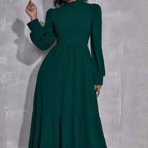 Swiss Dot Puff Sleeve Ruffle Hem Dress